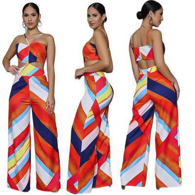 Брюки Широк-ноги комбинезона Halter печати случайные с плеча Backless Playsuit